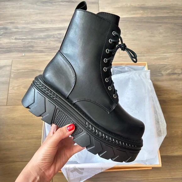 Dolls Kill Black Combat Moto Boots with Chunky Sole - Picture 1 of 2
